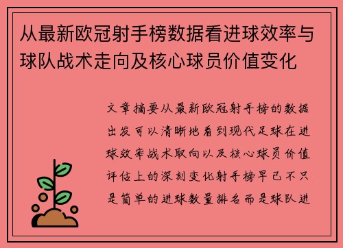 从最新欧冠射手榜数据看进球效率与球队战术走向及核心球员价值变化